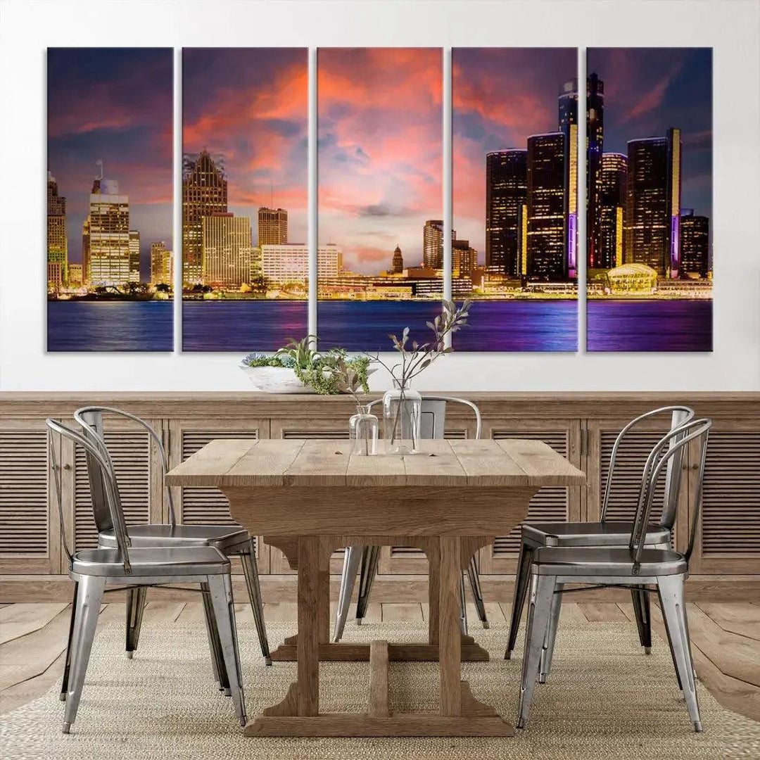 Detroit Cityscape Photography Red Sunset Skyline Wall Art Canvas Print