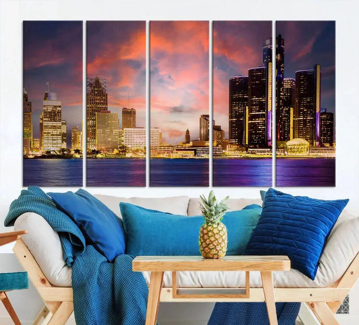 Detroit Cityscape Photography Red Sunset Skyline Wall Art Canvas Print