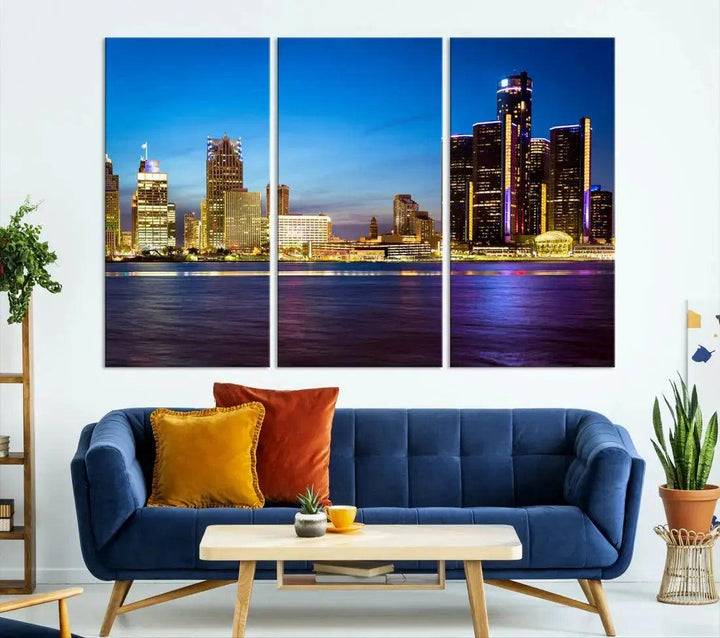 Detroit Downtown Skyline Night Cityscape Large Wall Art Canvas Print