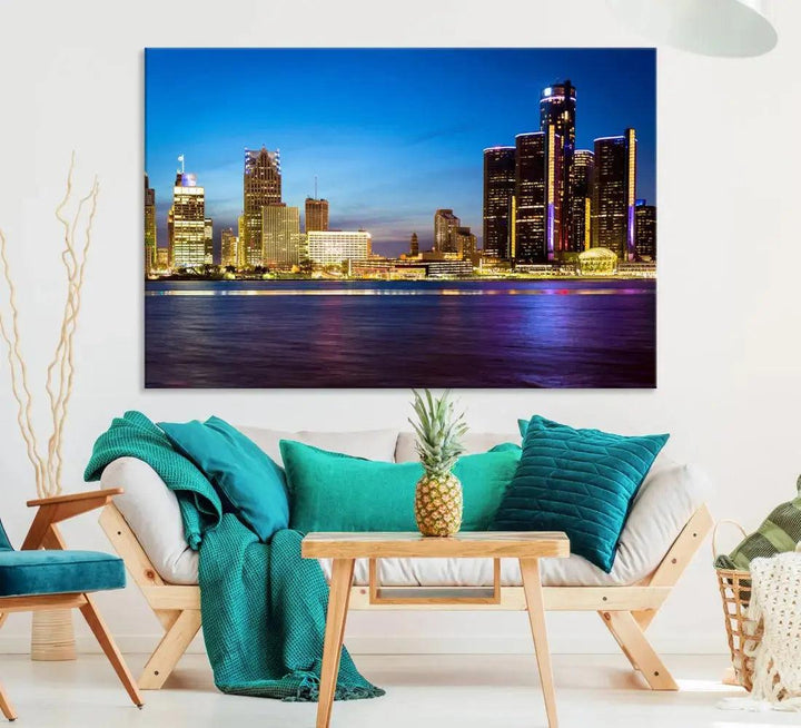 Detroit Downtown Skyline Night Cityscape Large Wall Art Canvas Print