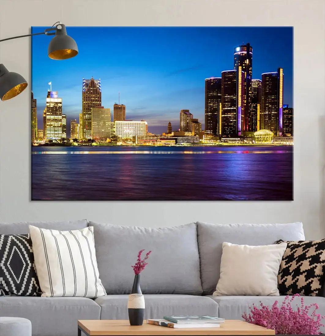 Detroit Downtown Skyline Night Cityscape Large Wall Art Canvas Print