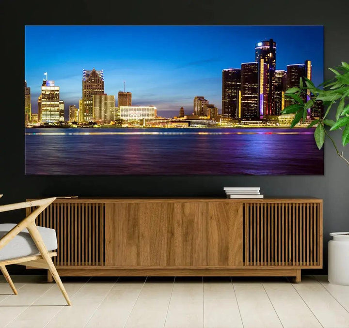 Detroit Downtown Skyline Night Cityscape Large Wall Art Canvas Print