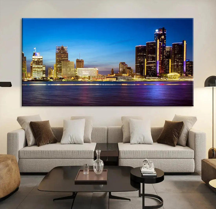 Detroit Downtown Skyline Night Cityscape Large Wall Art Canvas Print