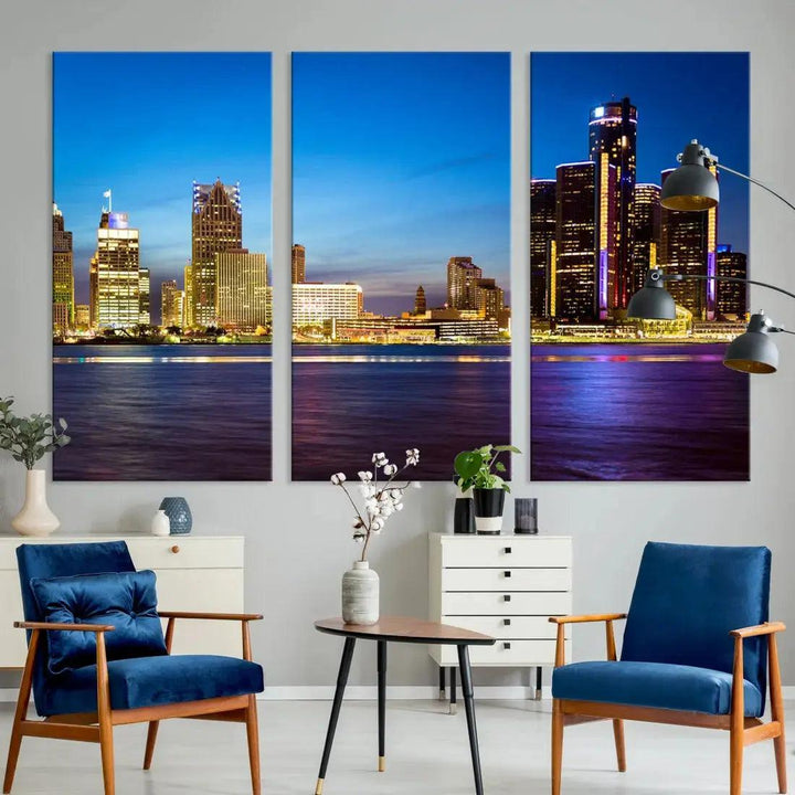 Detroit Downtown Skyline Night Cityscape Large Wall Art Canvas Print