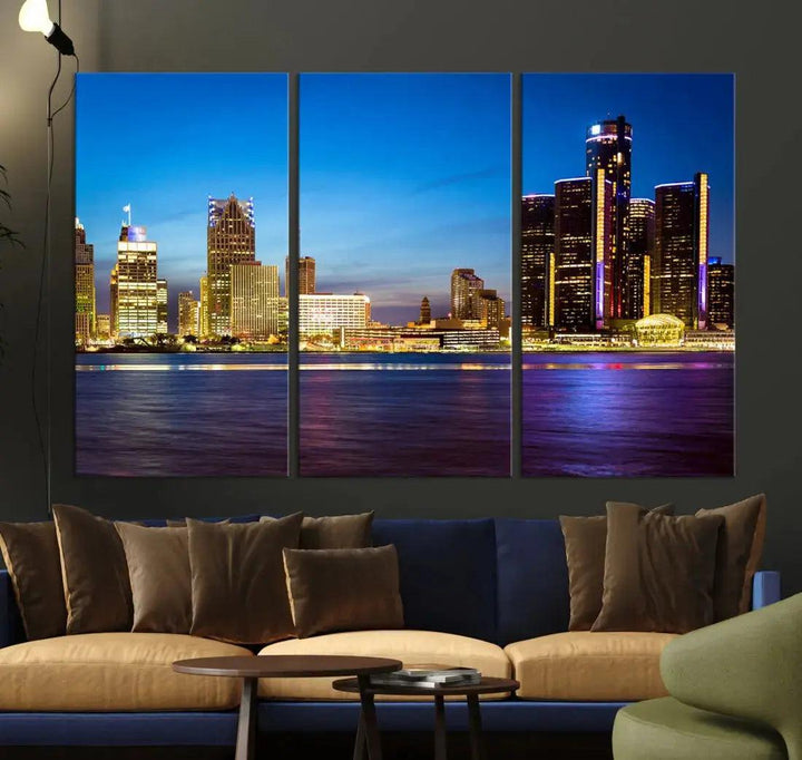 Detroit Downtown Skyline Night Cityscape Large Wall Art Canvas Print