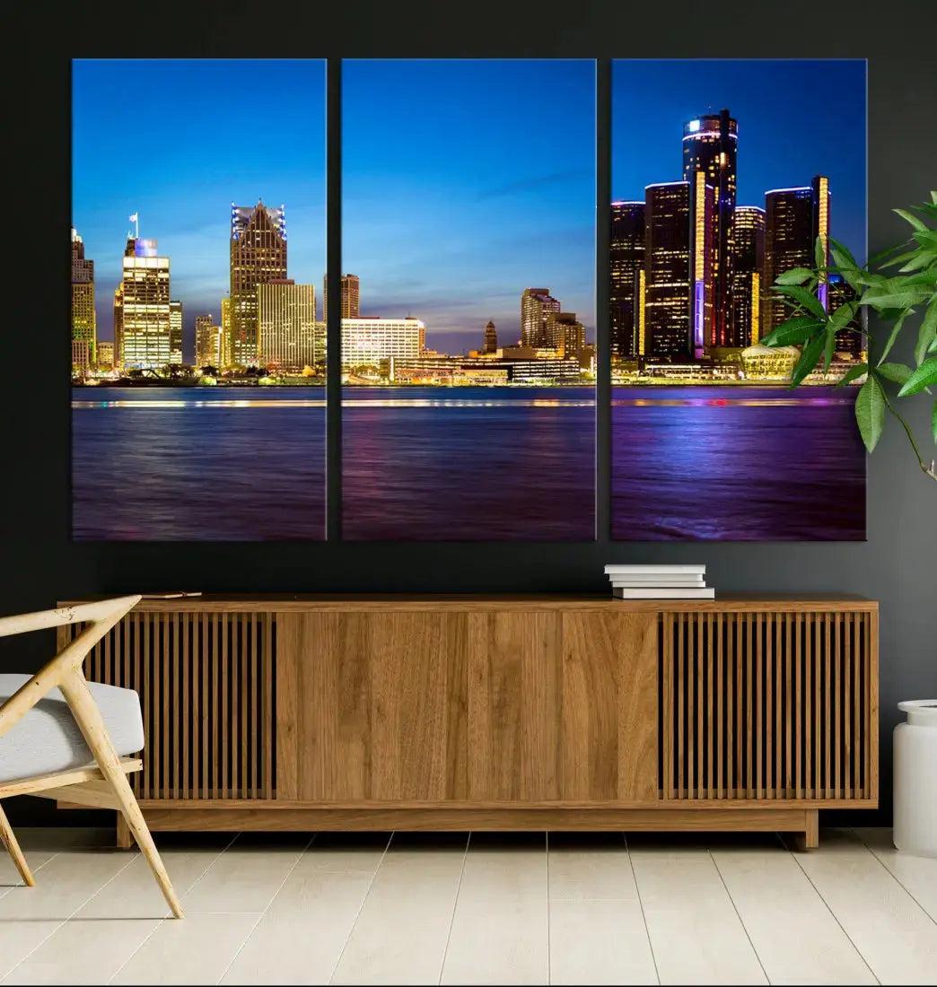 Detroit Downtown Skyline Night Cityscape Large Wall Art Canvas Print