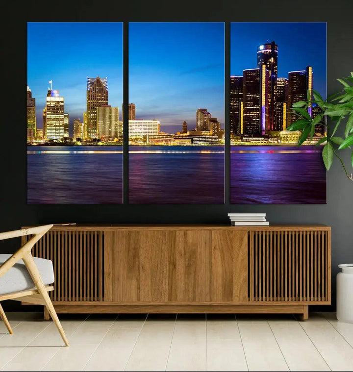 Detroit Downtown Skyline Night Cityscape Large Wall Art Canvas Print