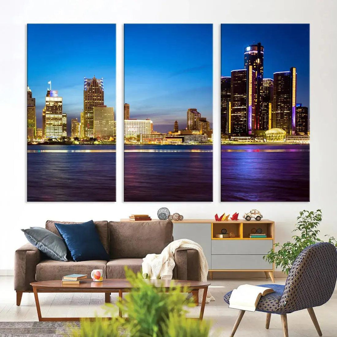 Detroit Downtown Skyline Night Cityscape Large Wall Art Canvas Print