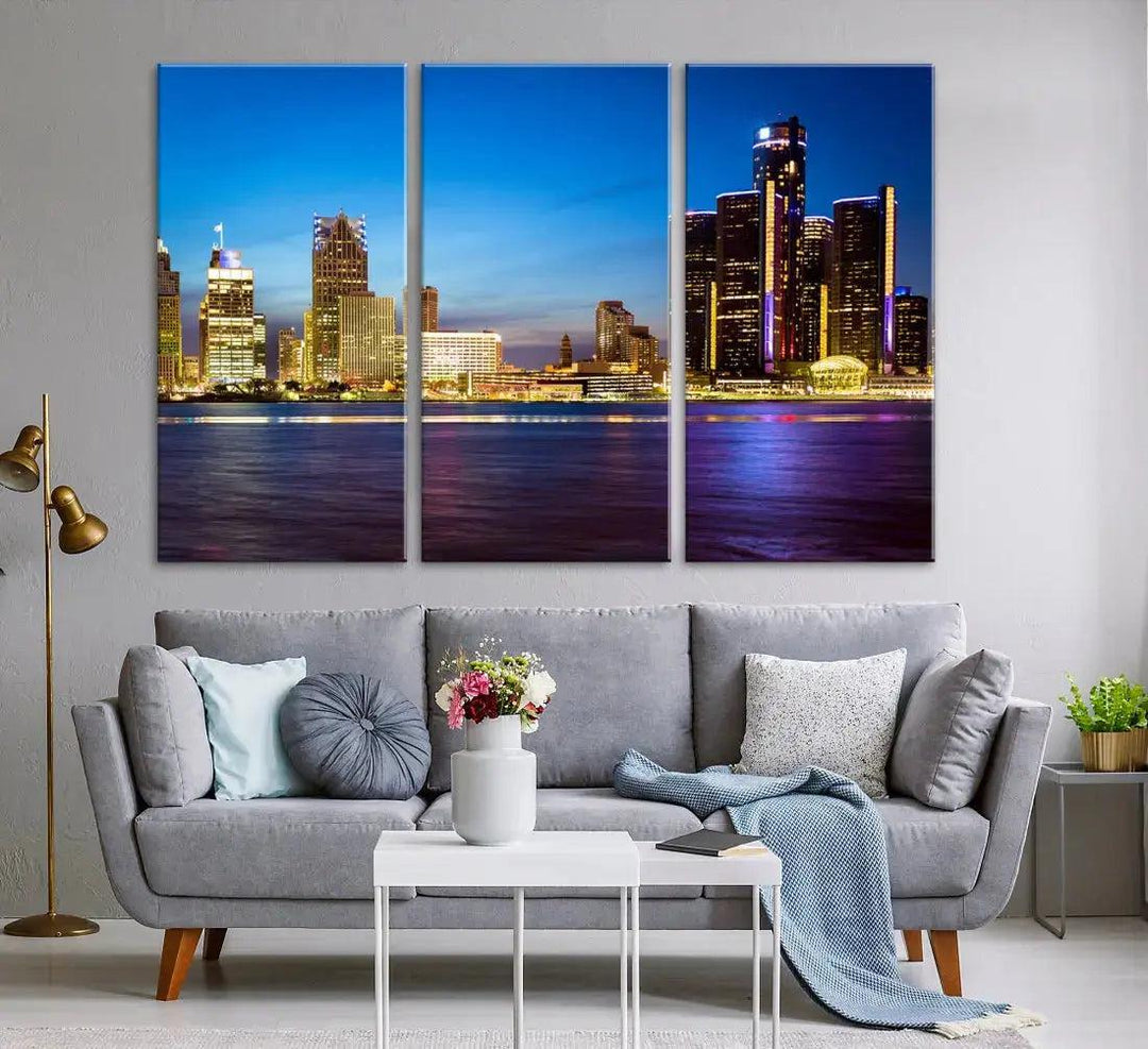 Detroit Downtown Skyline Night Cityscape Large Wall Art Canvas Print