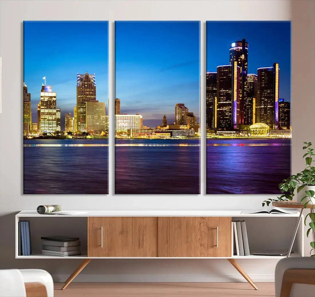 Detroit Downtown Skyline Night Cityscape Large Wall Art Canvas Print