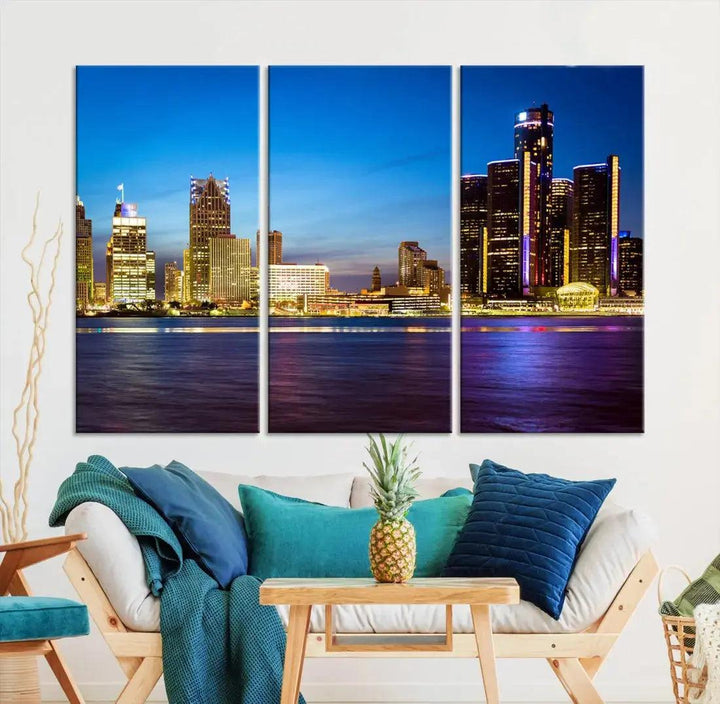 Detroit Downtown Skyline Night Cityscape Large Wall Art Canvas Print