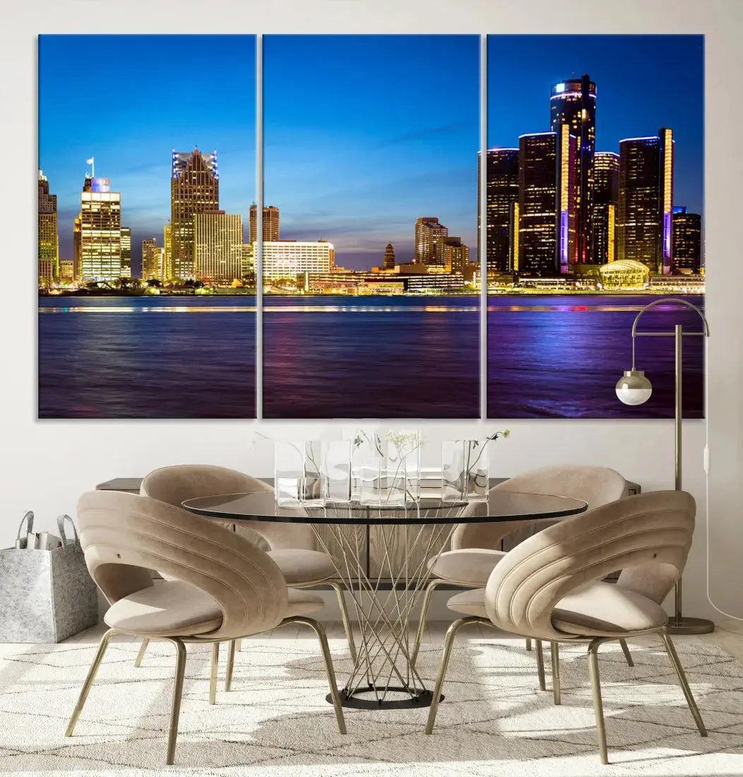 Detroit Downtown Skyline Night Cityscape Large Wall Art Canvas Print