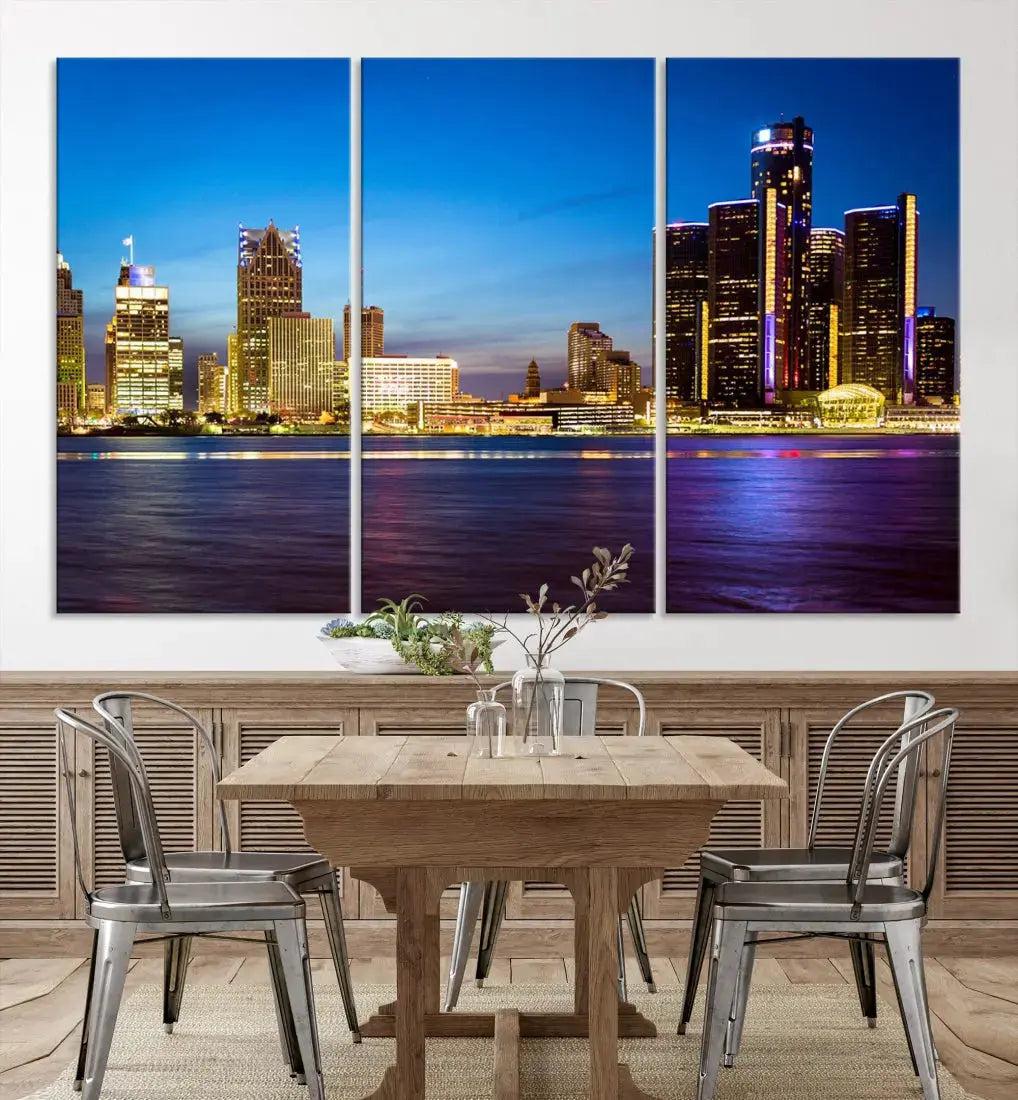 Detroit Downtown Skyline Night Cityscape Large Wall Art Canvas Print