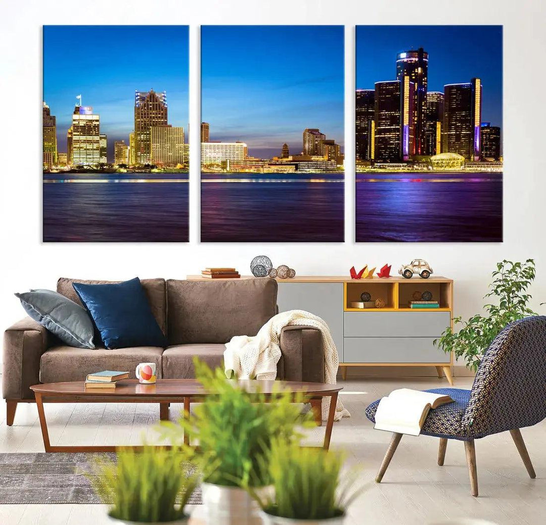 Detroit Downtown Skyline Night Cityscape Large Wall Art Canvas Print