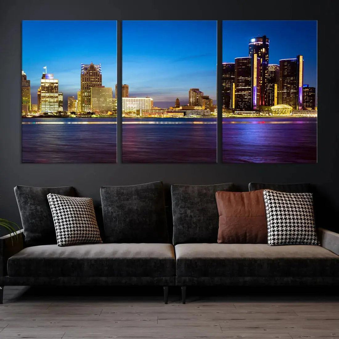 Detroit Downtown Skyline Night Cityscape Large Wall Art Canvas Print