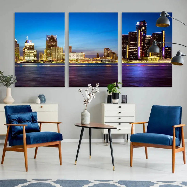 Detroit Downtown Skyline Night Cityscape Large Wall Art Canvas Print