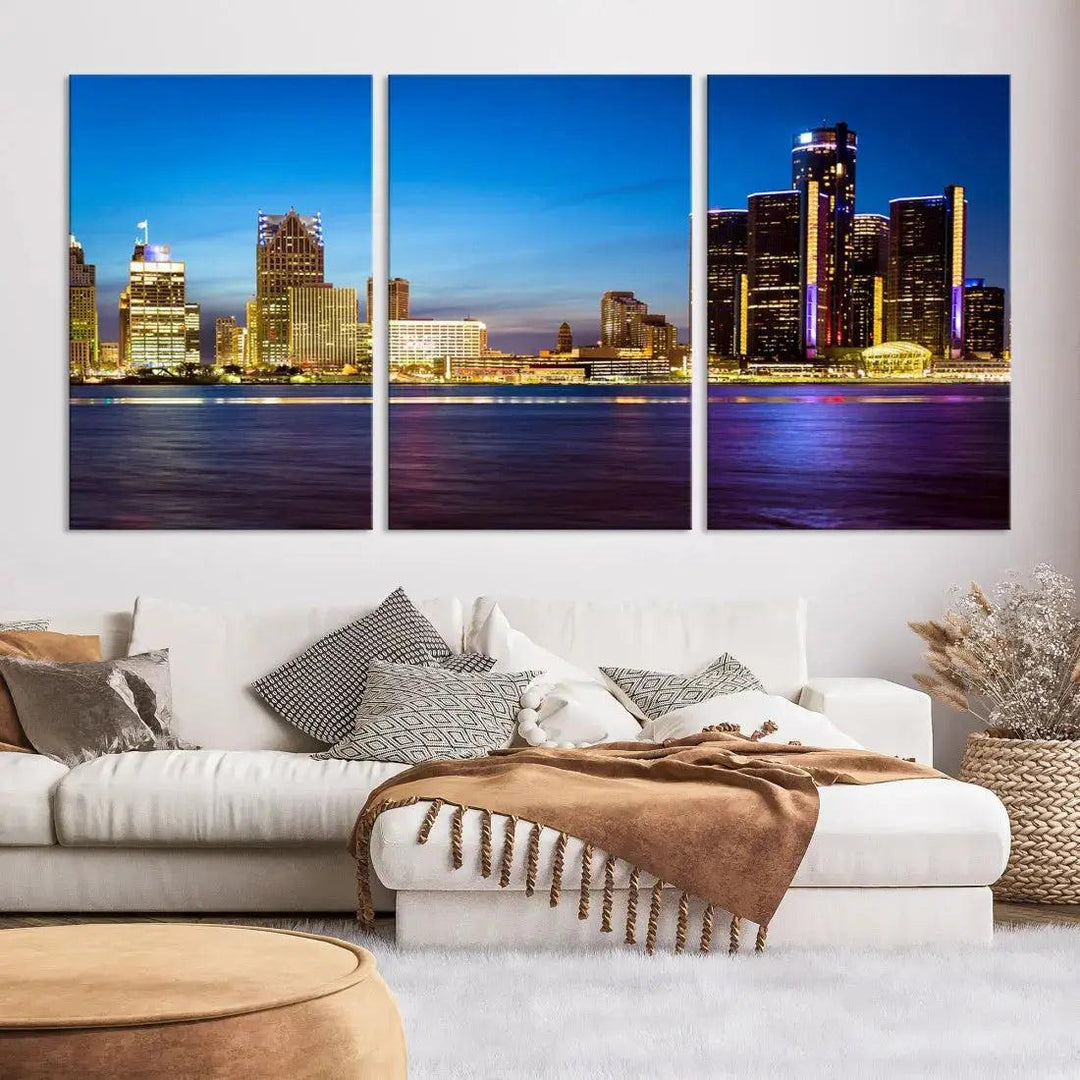 Detroit Downtown Skyline Night Cityscape Large Wall Art Canvas Print