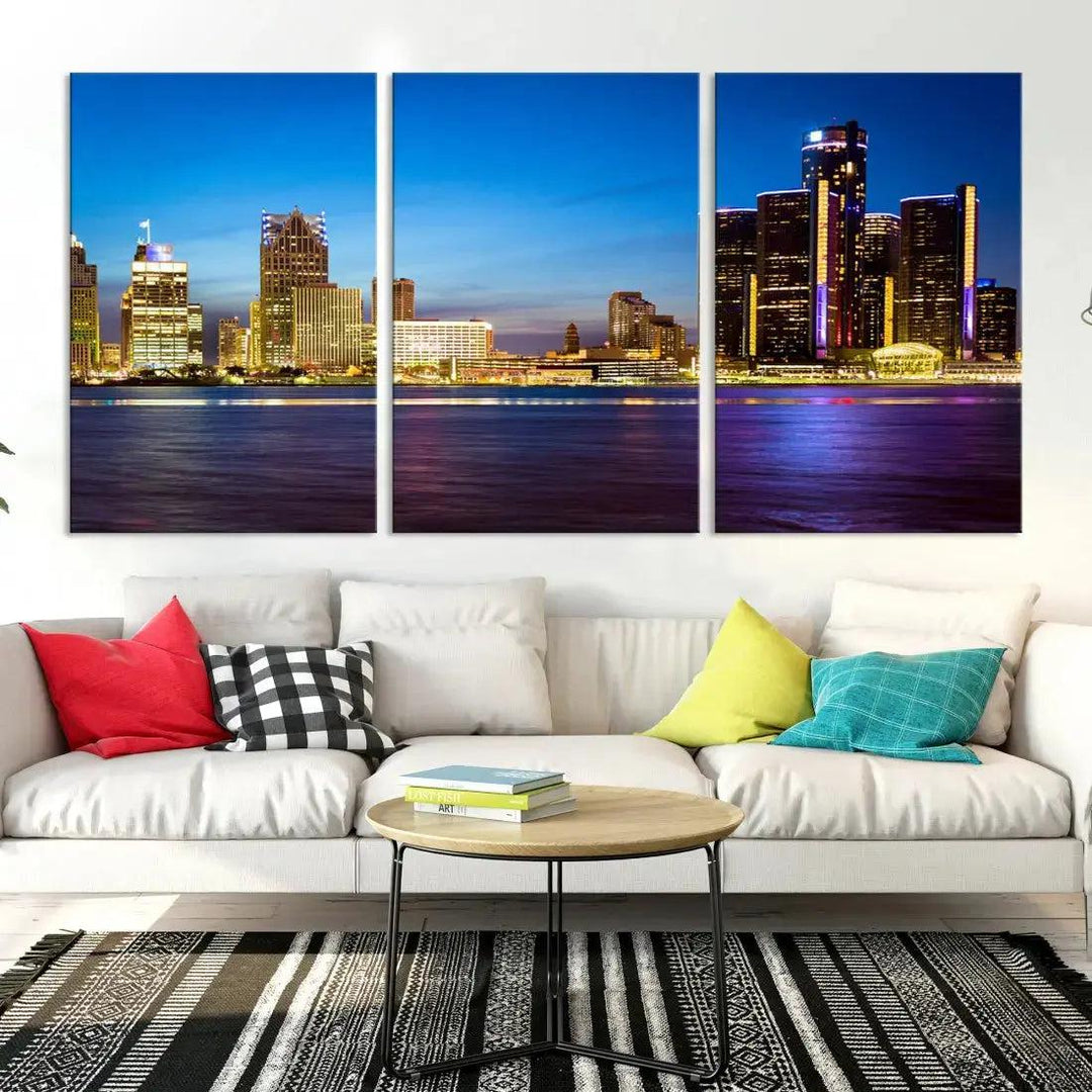 Detroit Downtown Skyline Night Cityscape Large Wall Art Canvas Print