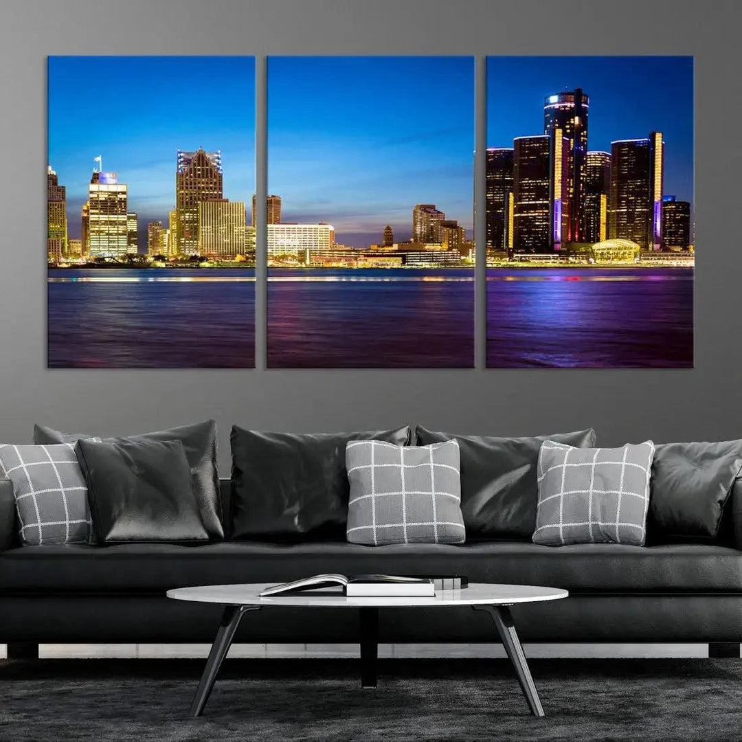 Detroit Downtown Skyline Night Cityscape Large Wall Art Canvas Print