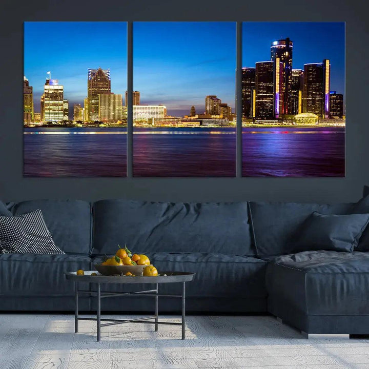 Detroit Downtown Skyline Night Cityscape Large Wall Art Canvas Print