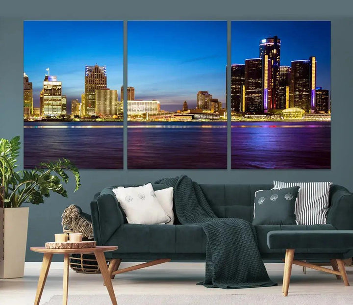 Detroit Downtown Skyline Night Cityscape Large Wall Art Canvas Print