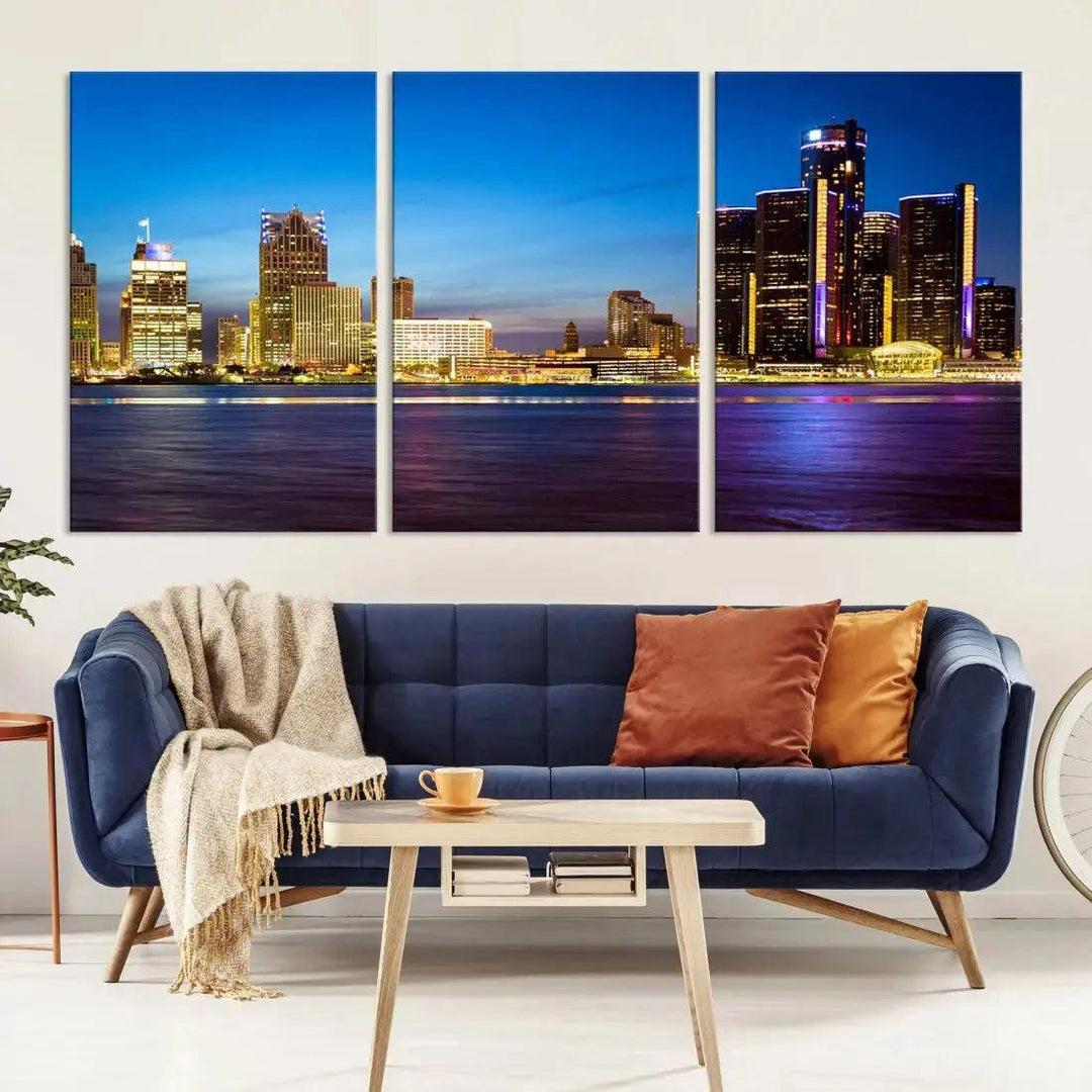 Detroit Downtown Skyline Night Cityscape Large Wall Art Canvas Print