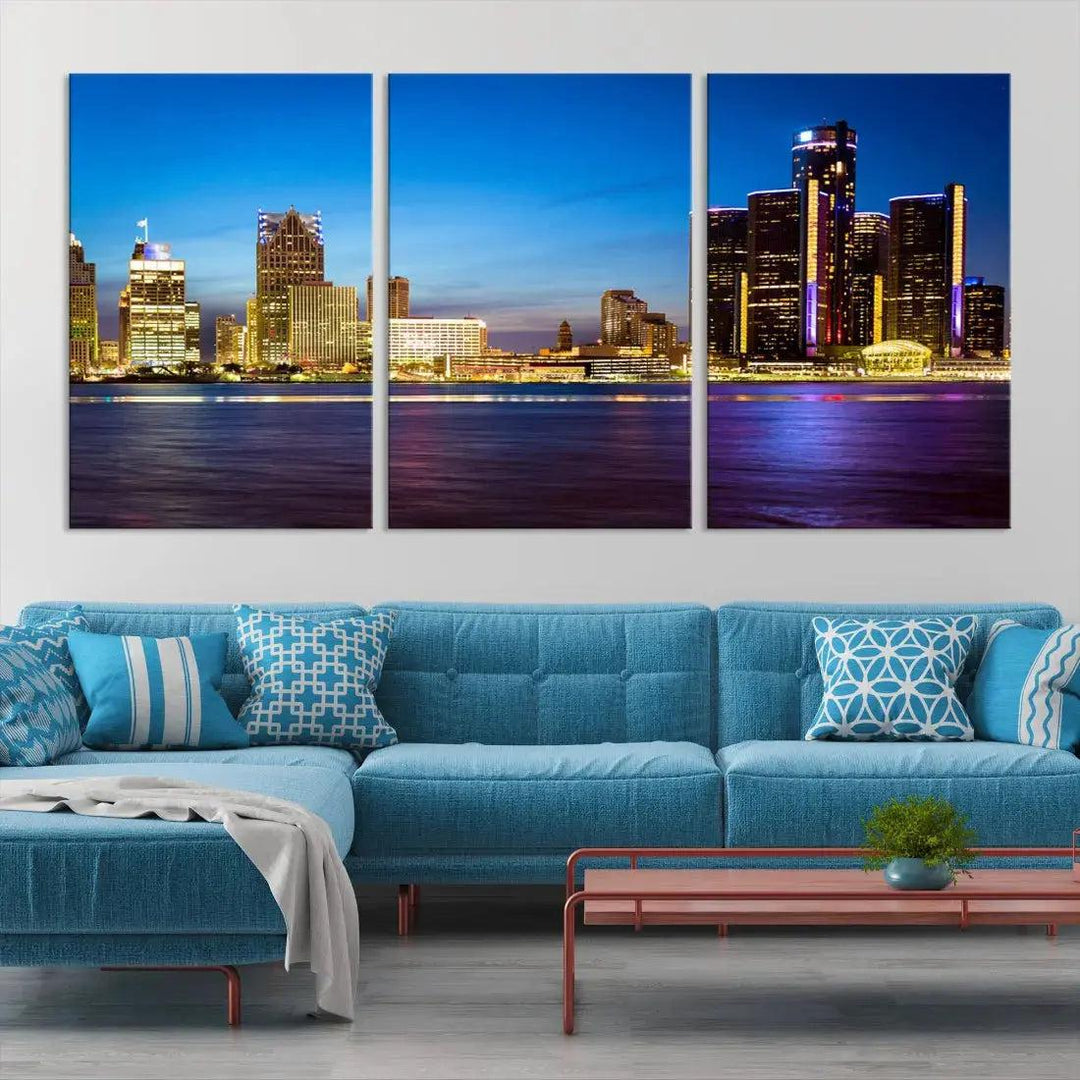 Detroit Downtown Skyline Night Cityscape Large Wall Art Canvas Print