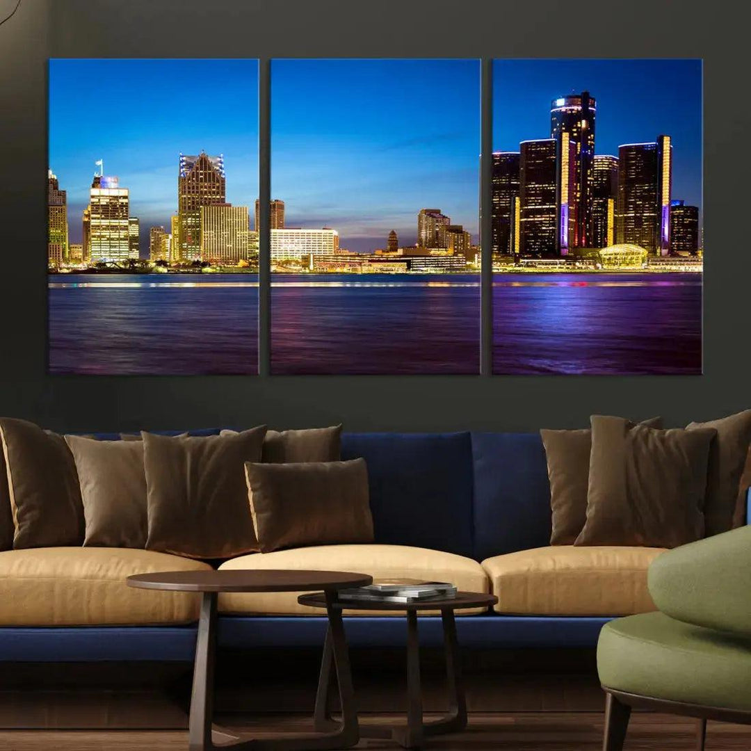 Detroit Downtown Skyline Night Cityscape Large Wall Art Canvas Print