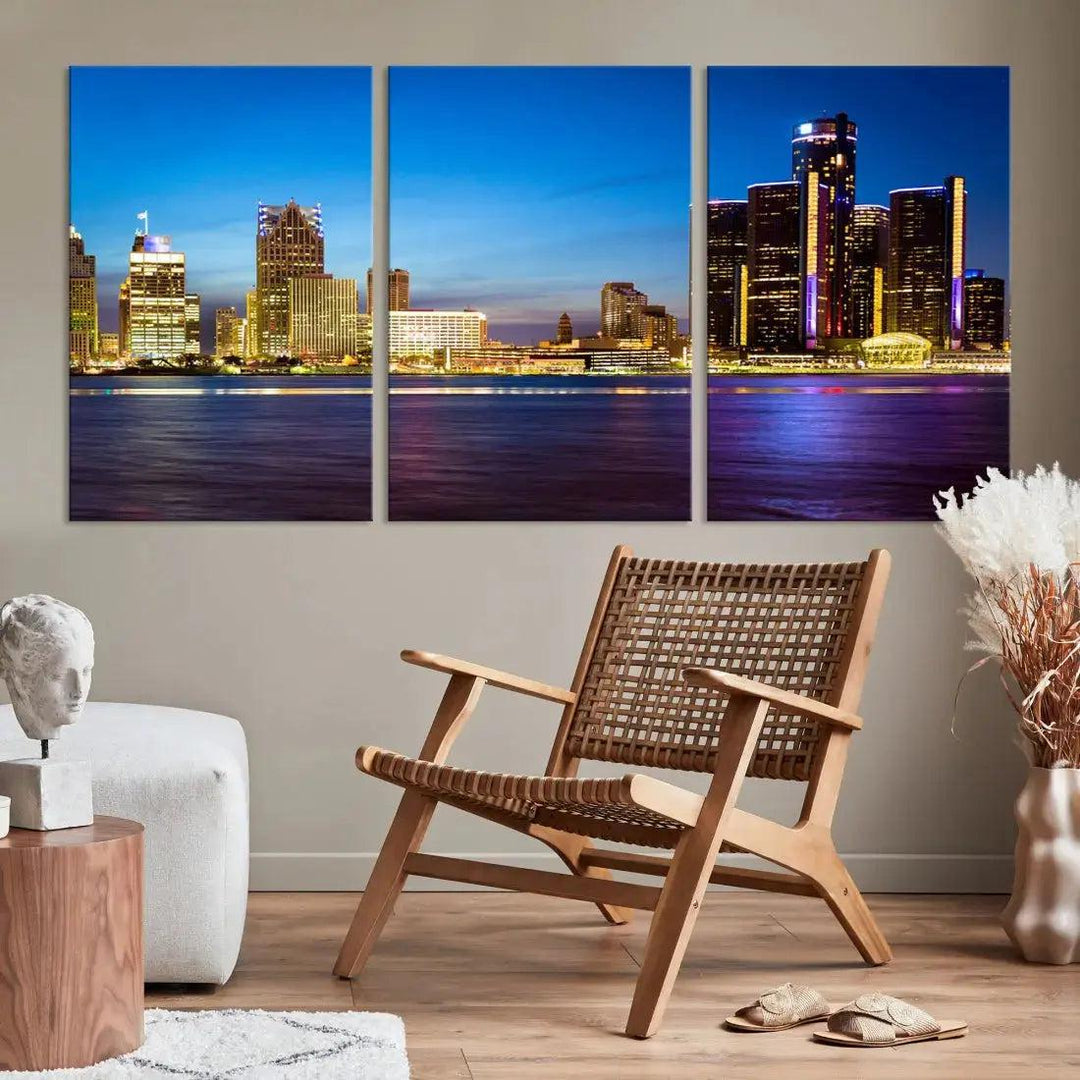 Detroit Downtown Skyline Night Cityscape Large Wall Art Canvas Print