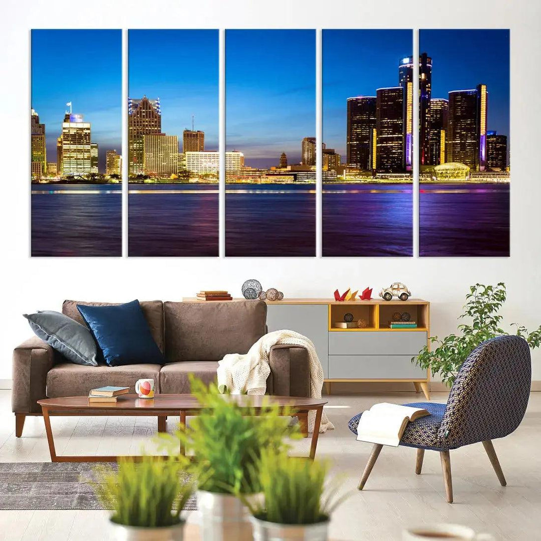 Detroit Downtown Skyline Night Cityscape Large Wall Art Canvas Print