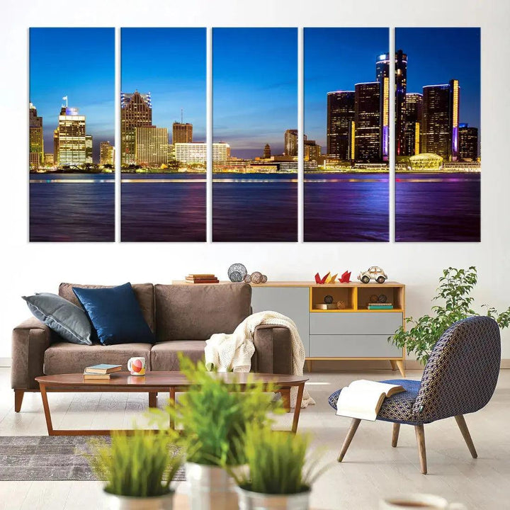 Detroit Downtown Skyline Night Cityscape Large Wall Art Canvas Print