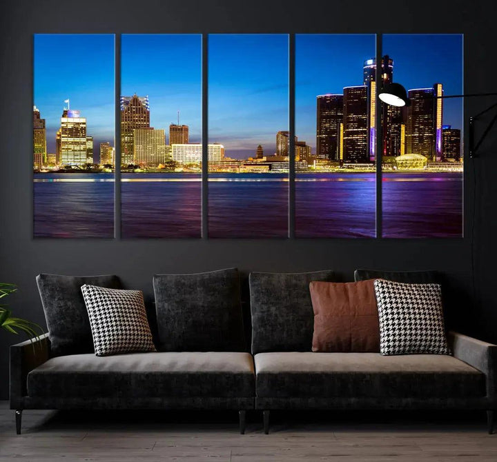 Detroit Downtown Skyline Night Cityscape Large Wall Art Canvas Print