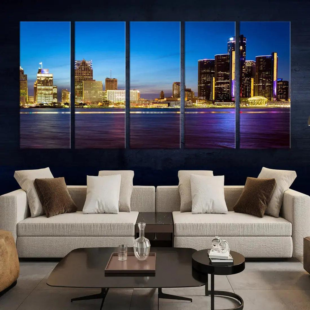 Detroit Downtown Skyline Night Cityscape Large Wall Art Canvas Print