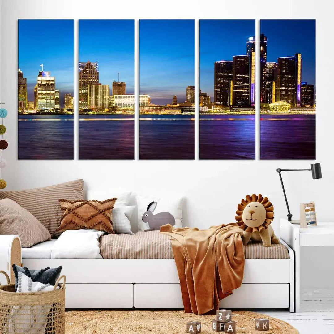 Detroit Downtown Skyline Night Cityscape Large Wall Art Canvas Print