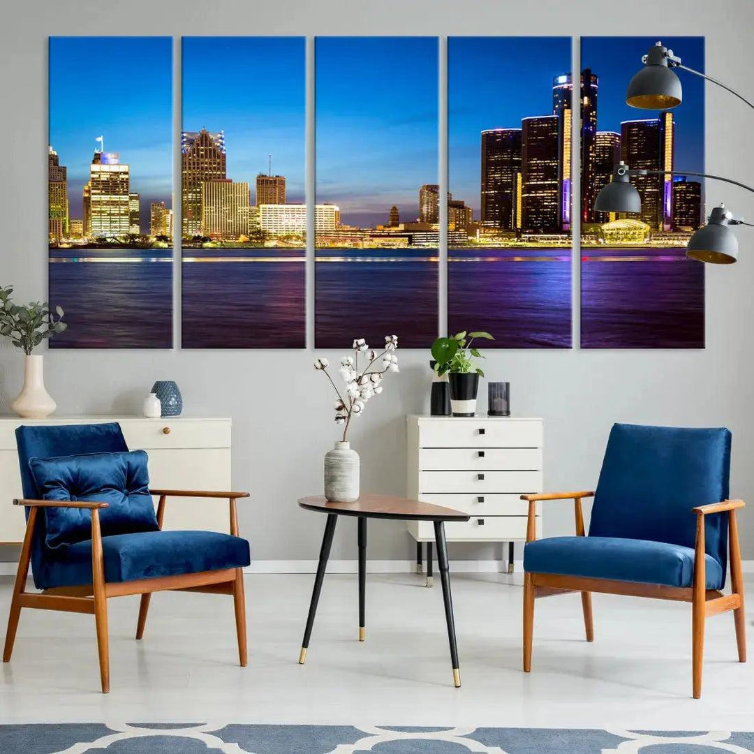 Detroit Downtown Skyline Night Cityscape Large Wall Art Canvas Print