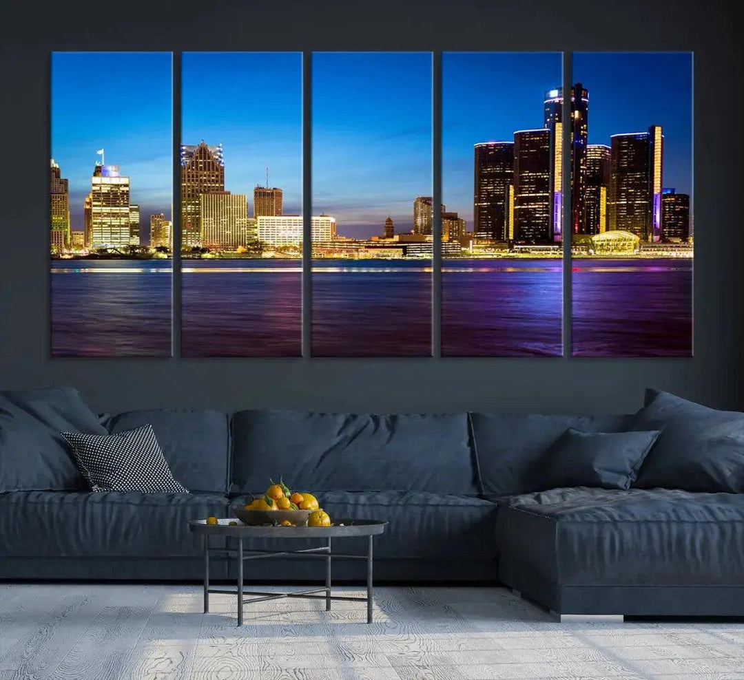 Detroit Downtown Skyline Night Cityscape Large Wall Art Canvas Print