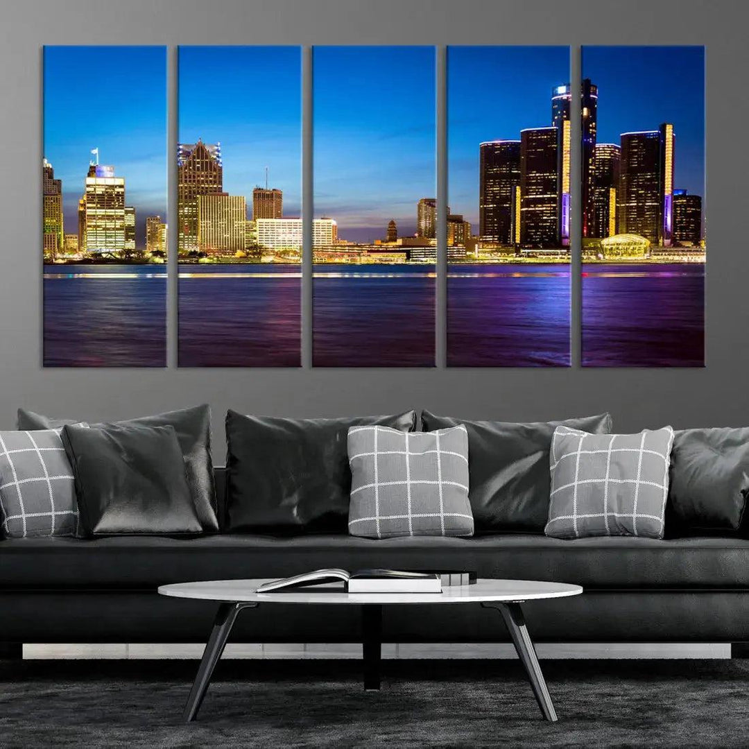 Detroit Downtown Skyline Night Cityscape Large Wall Art Canvas Print