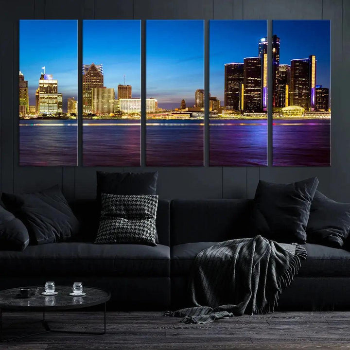 Detroit Downtown Skyline Night Cityscape Large Wall Art Canvas Print