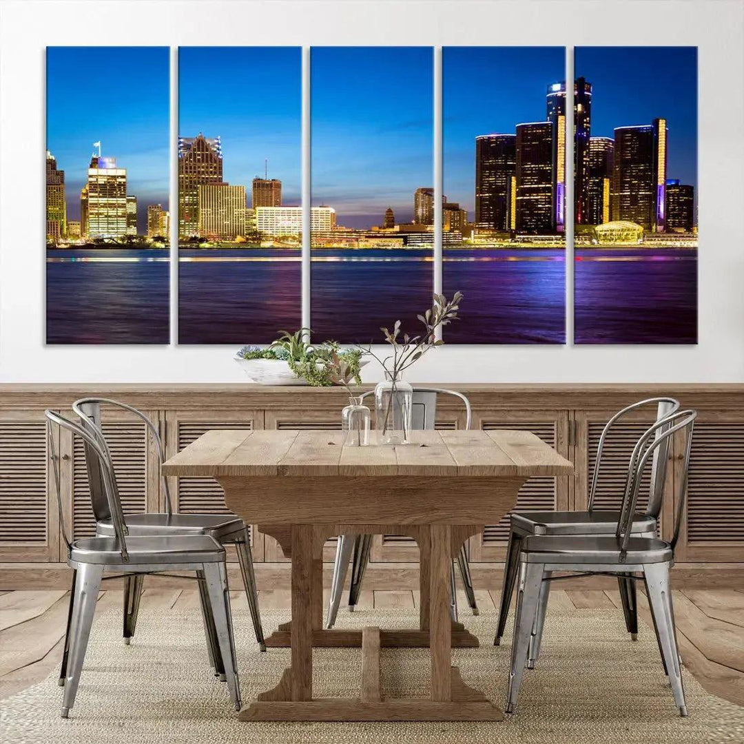 Detroit Downtown Skyline Night Cityscape Large Wall Art Canvas Print