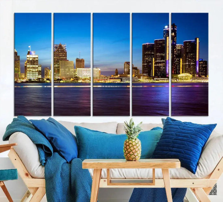 Detroit Downtown Skyline Night Cityscape Large Wall Art Canvas Print