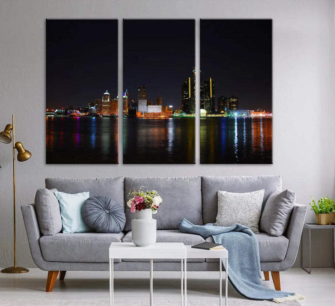 Detroit Night City Lights Reflections Skyline Wall Art Canvas Print