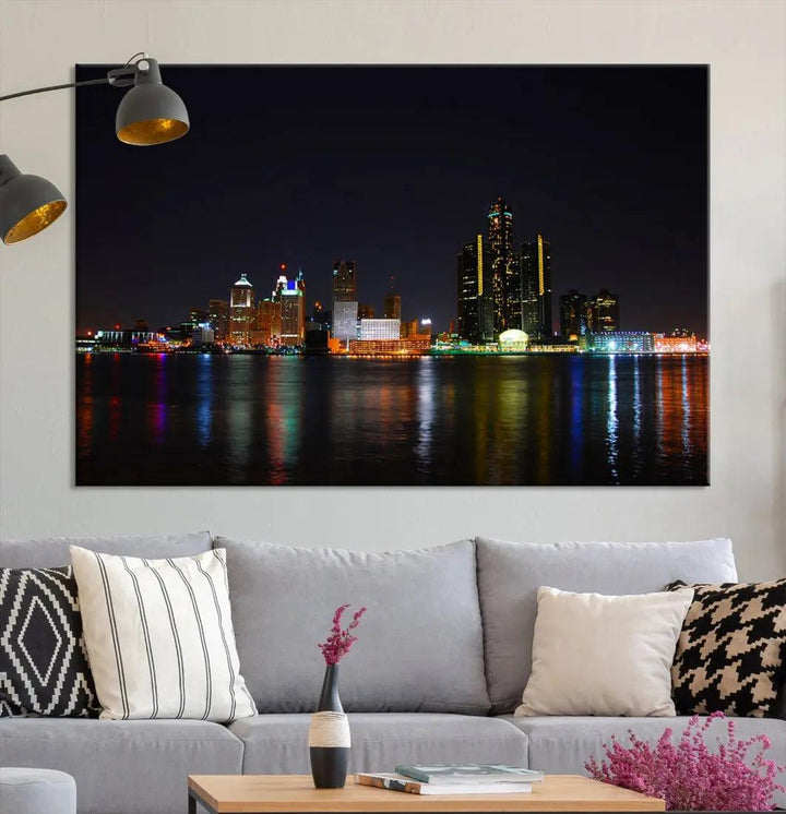 Detroit Night City Lights Reflections Skyline Wall Art Canvas Print