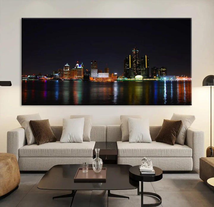 Detroit Night City Lights Reflections Skyline Wall Art Canvas Print