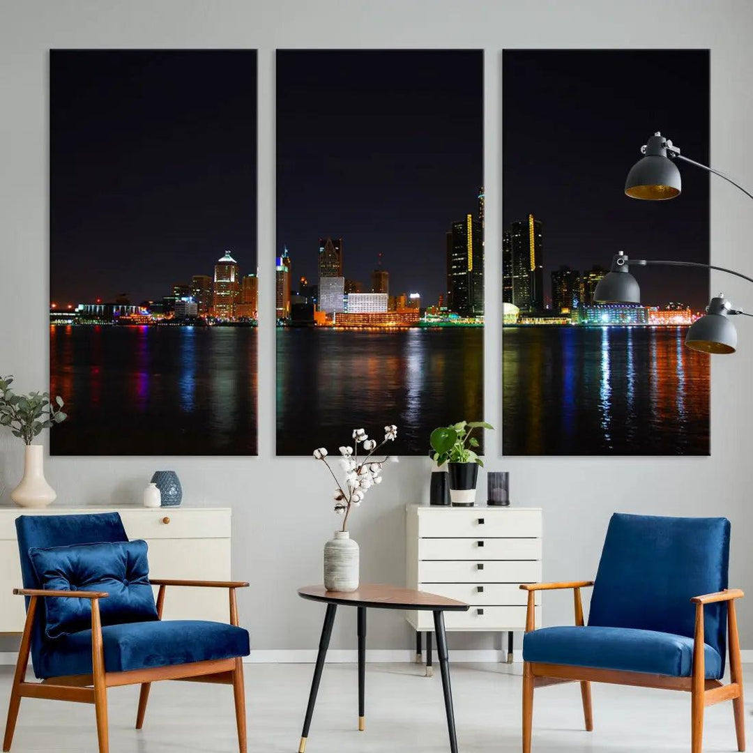 Detroit Night City Lights Reflections Skyline Wall Art Canvas Print