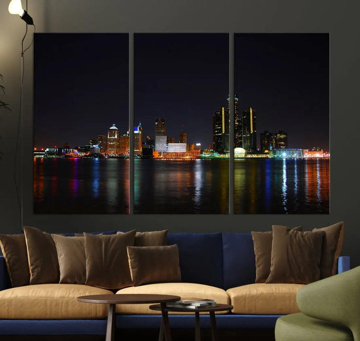 Detroit Night City Lights Reflections Skyline Wall Art Canvas Print