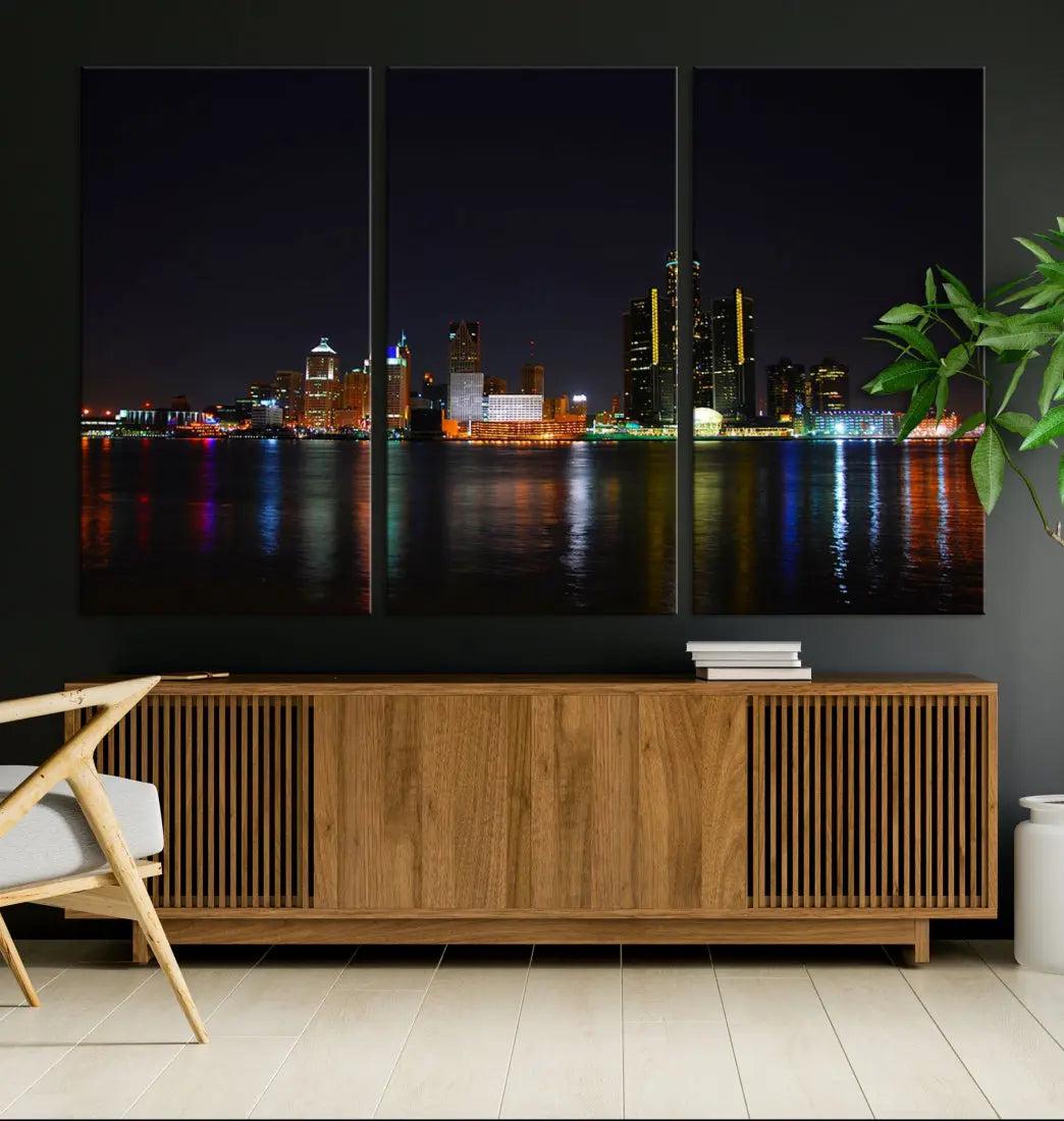 Detroit Night City Lights Reflections Skyline Wall Art Canvas Print