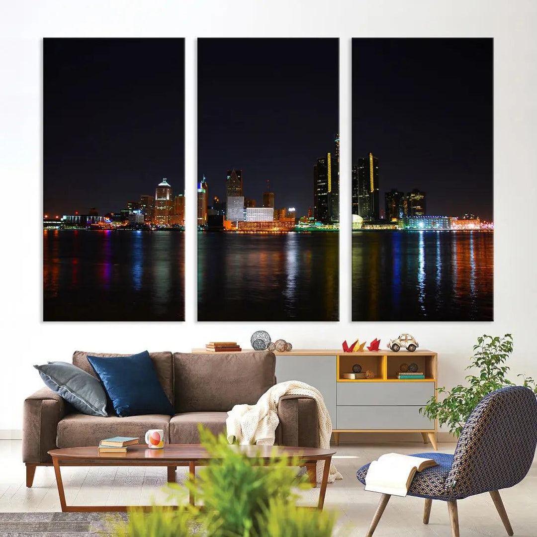 Detroit Night City Lights Reflections Skyline Wall Art Canvas Print