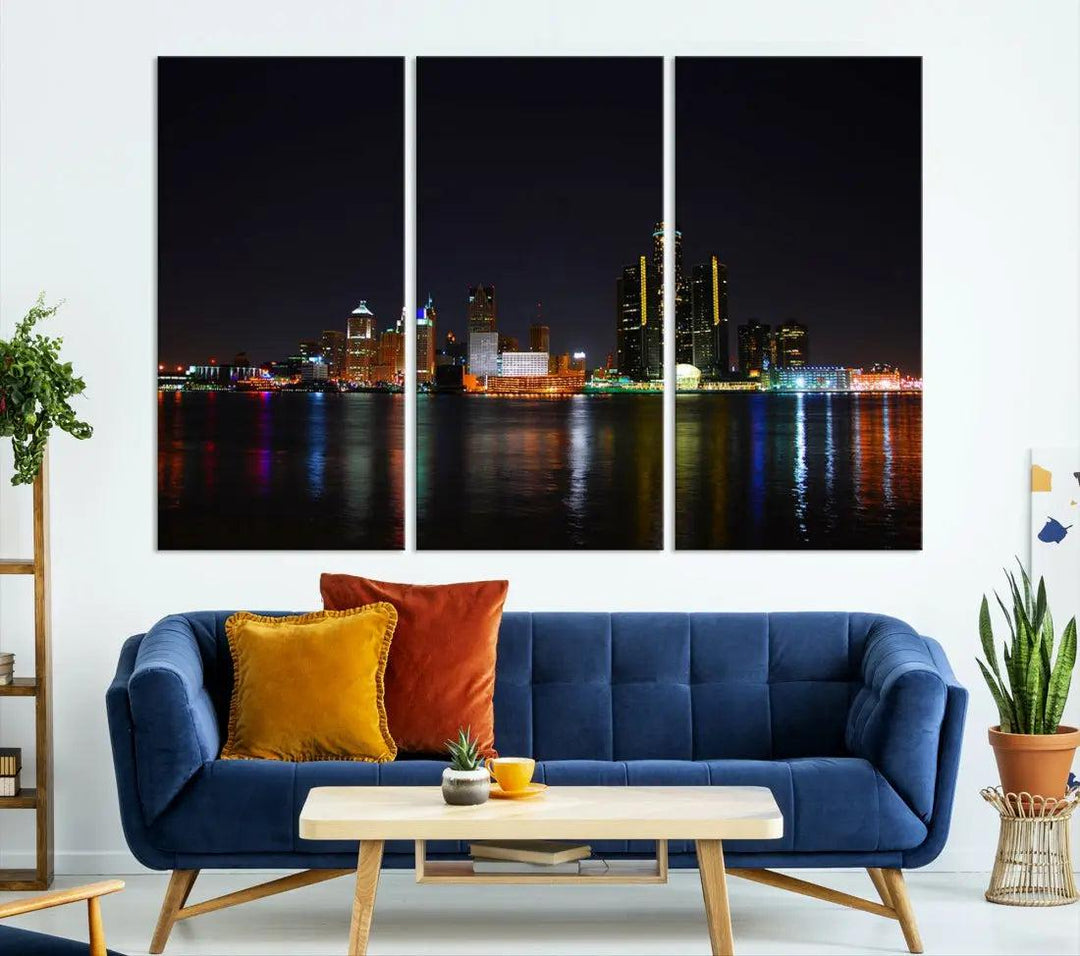 Detroit Night City Lights Reflections Skyline Wall Art Canvas Print