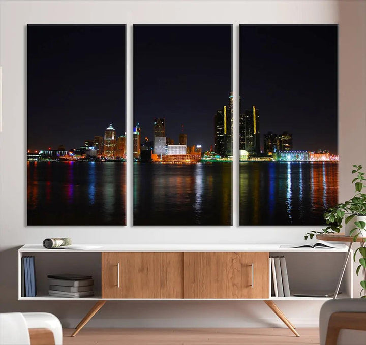 Detroit Night City Lights Reflections Skyline Wall Art Canvas Print