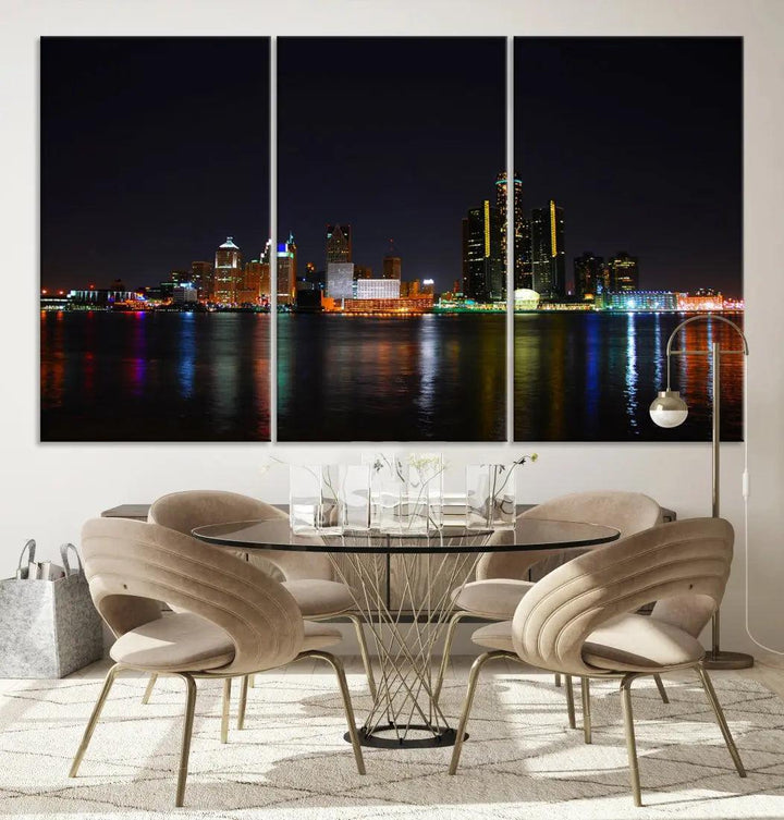 Detroit Night City Lights Reflections Skyline Wall Art Canvas Print